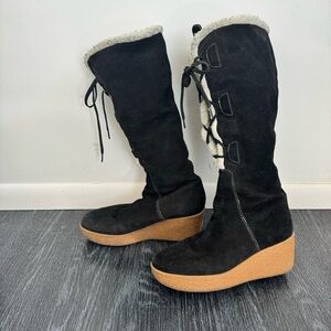 Michael Kors Black Suede Tall Lace Up Boots Sherpa Wedge size 7